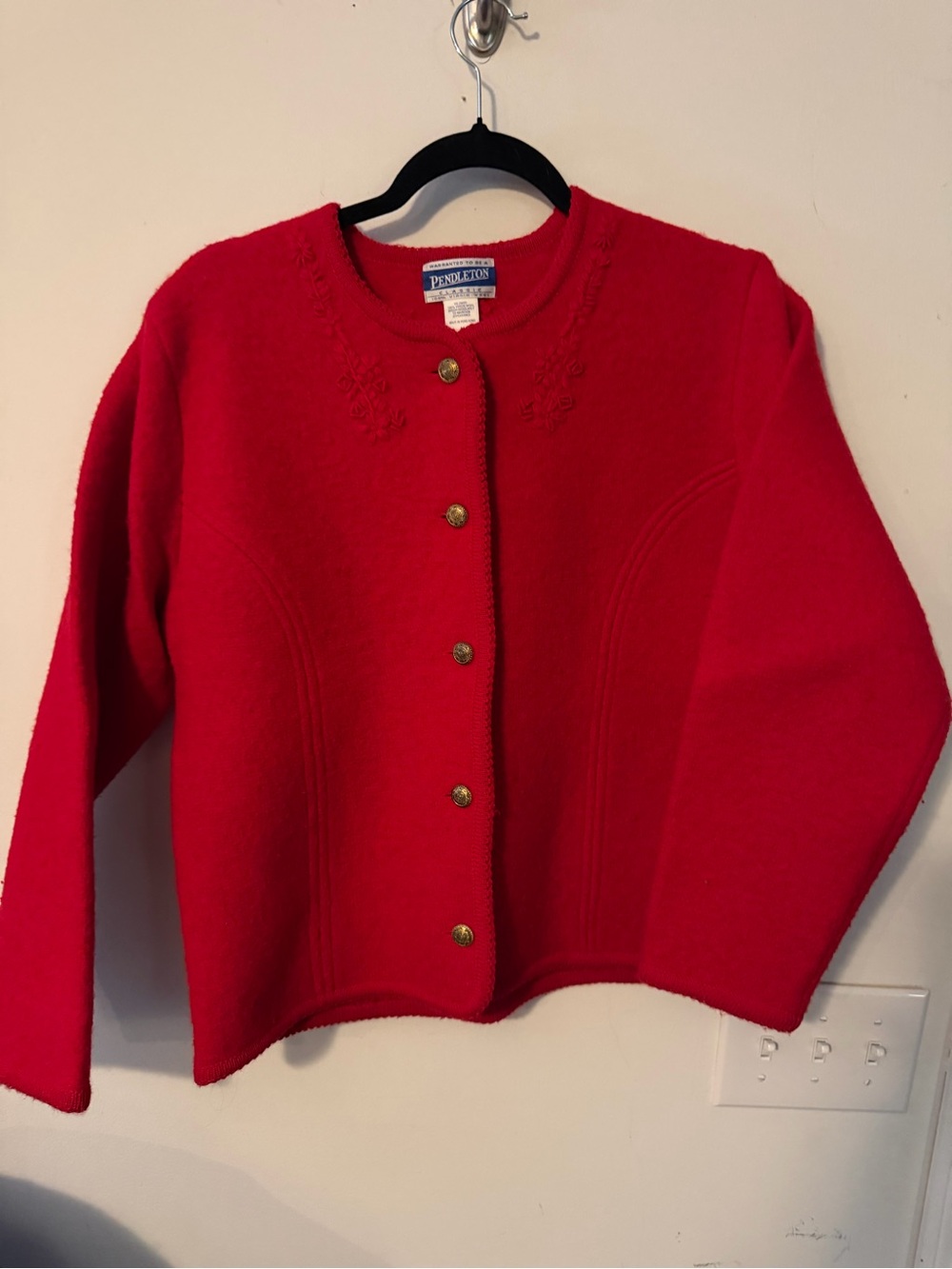 Red Pendleton wool cardigan/ jacket.
